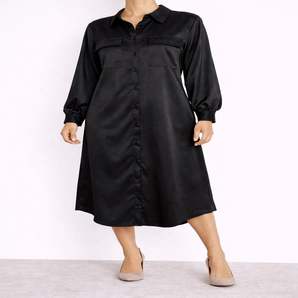 PRETTYGARDEN Black Satin Shirt‎ Dress Midi Long Sleeve Size Large